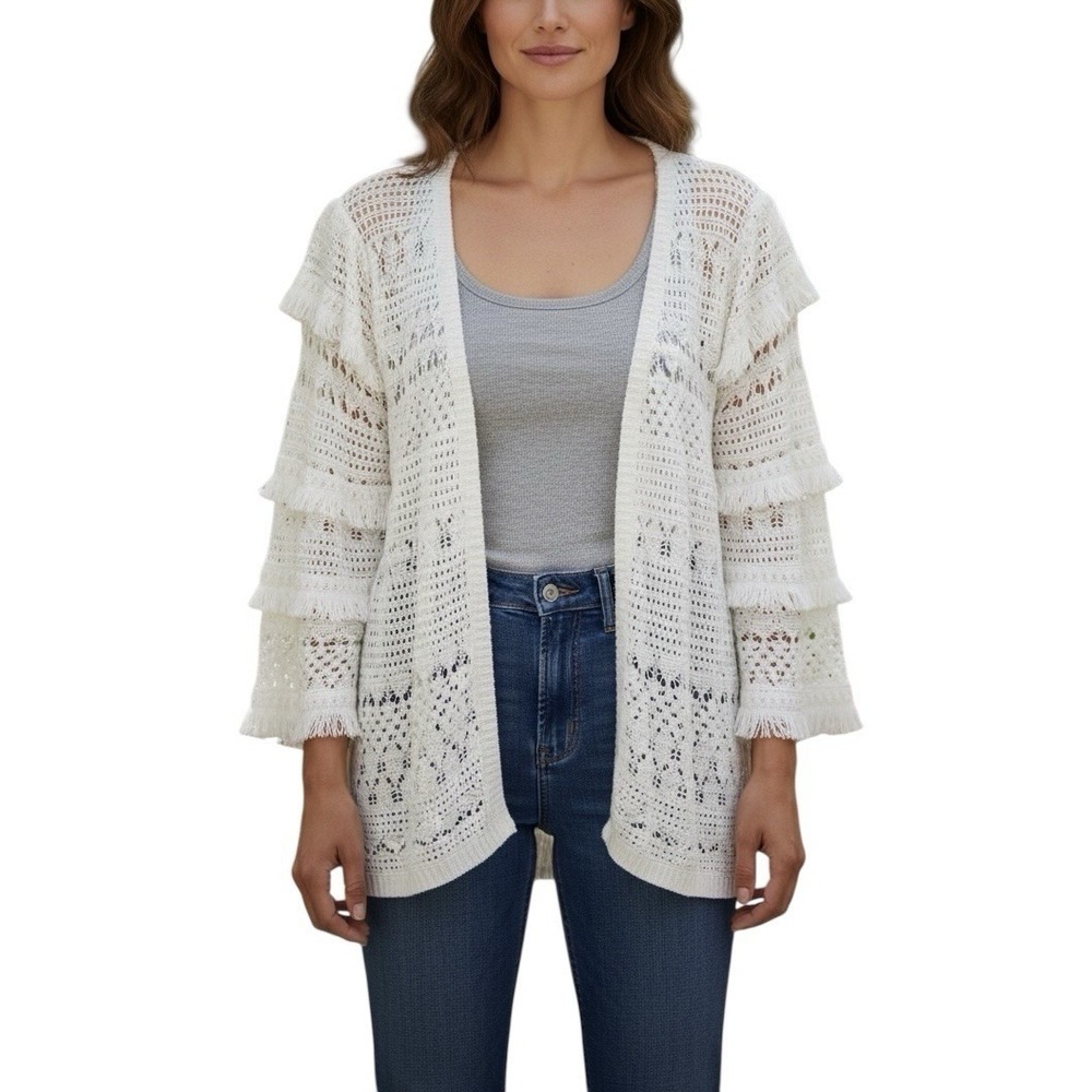 Chicos Tiered Fringe Crochet Look Beachy Open Front Coverup‎ Cardigan White XL